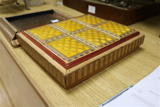 A Chinese geometric straw work rectangular box, enclosing six boxes containing mother of pearl counters